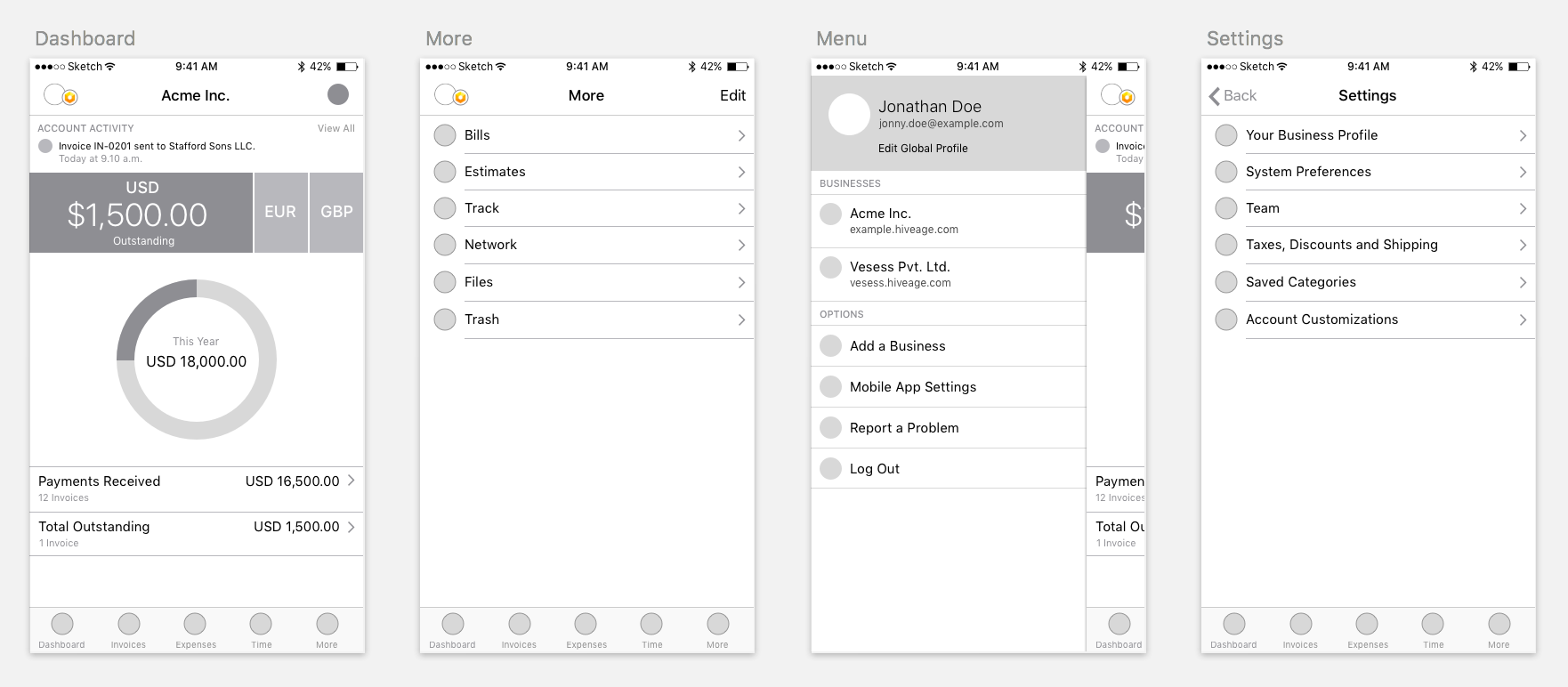 Hiveage iOS app wireframes