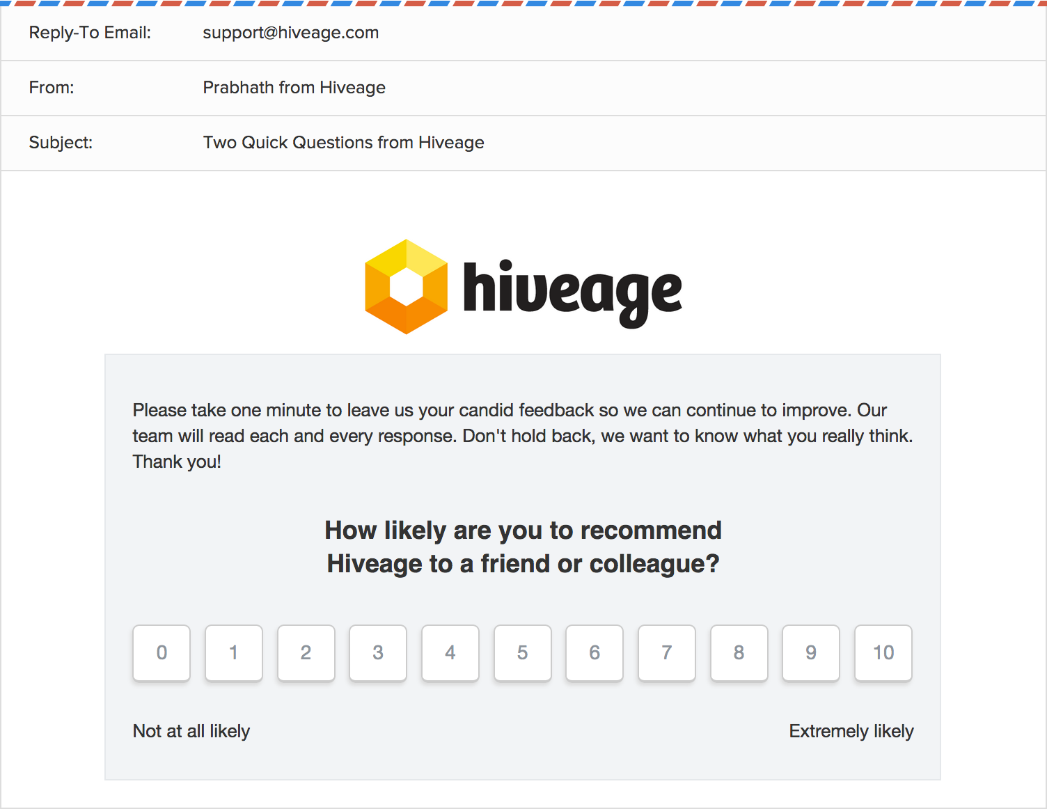 Hiveage NPS survey email